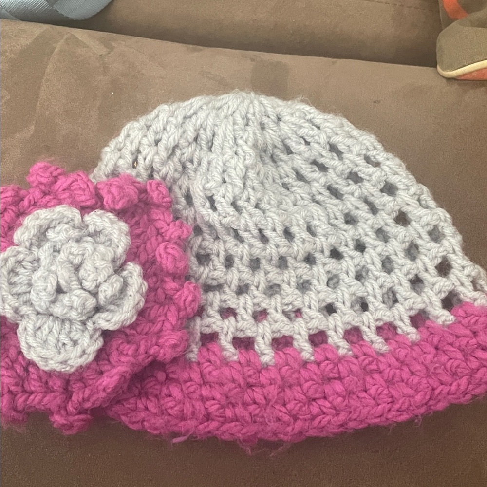 Gray and Pink Crochet Beanie with Flower